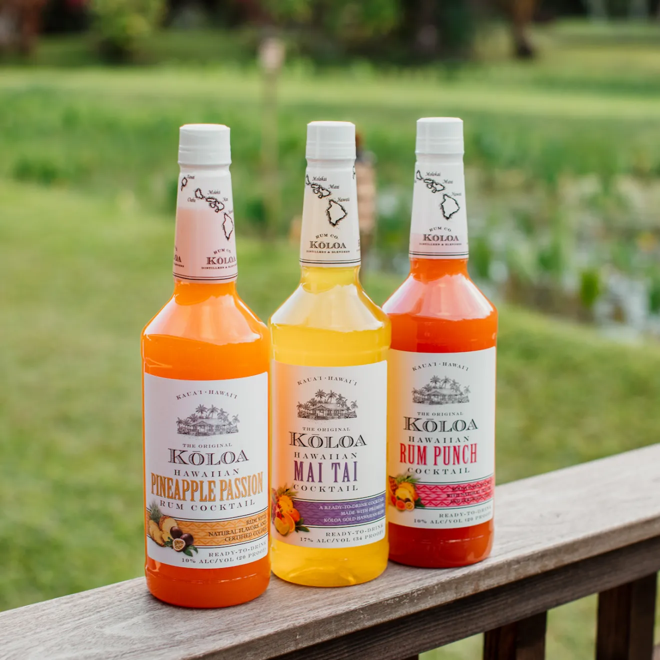 a bottle of wine sitting on top of a wooden fence